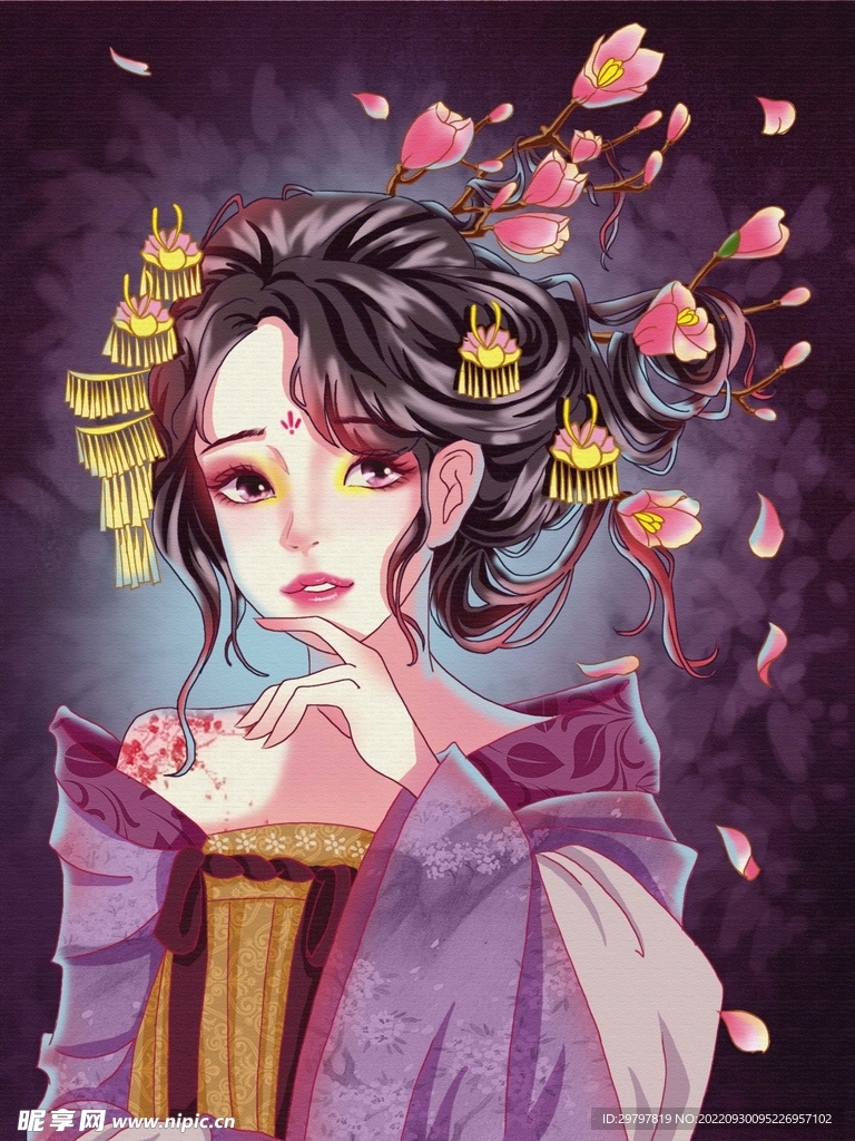 国潮风唯美花妖人物插画