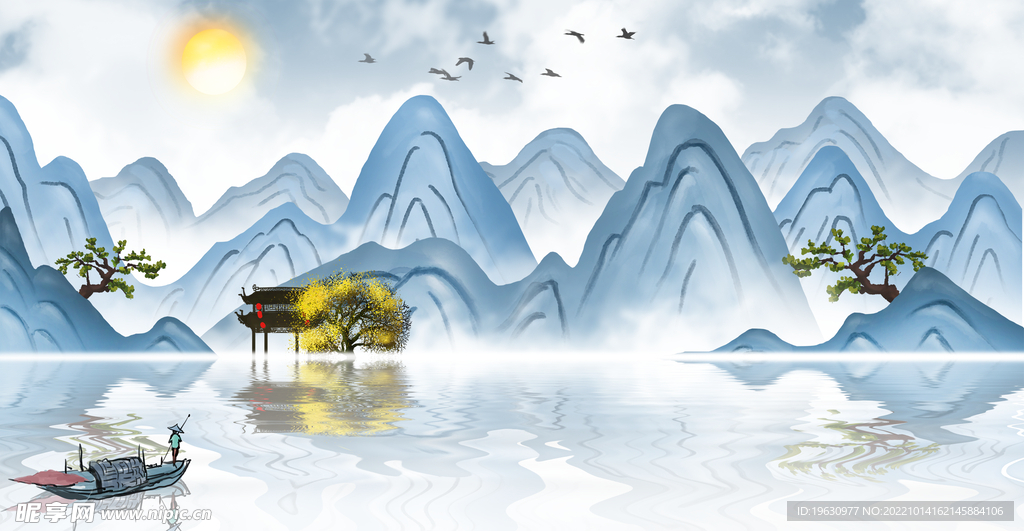 蓝色山水画