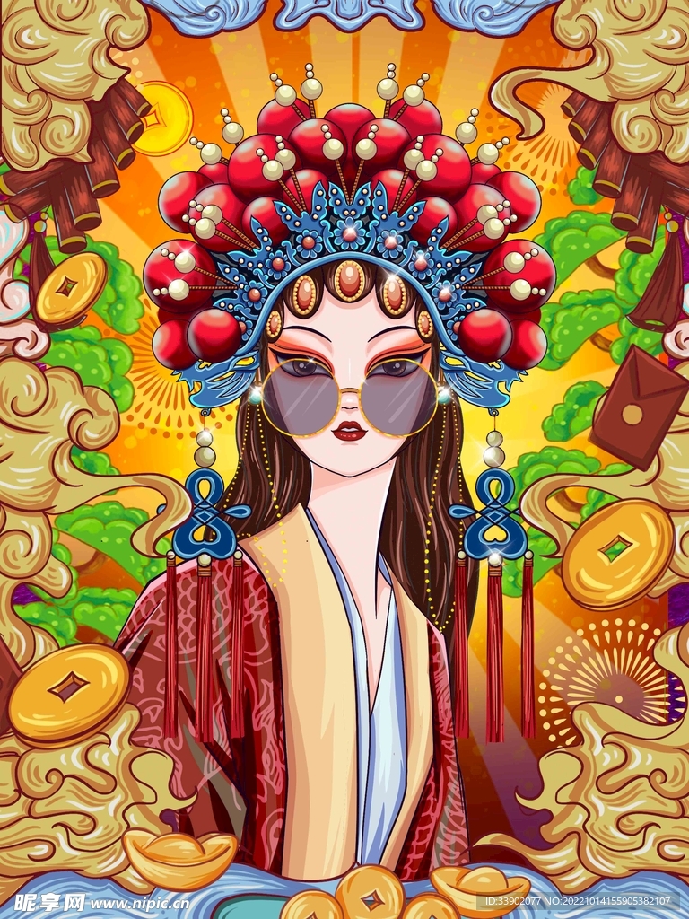 国潮 美女 插画