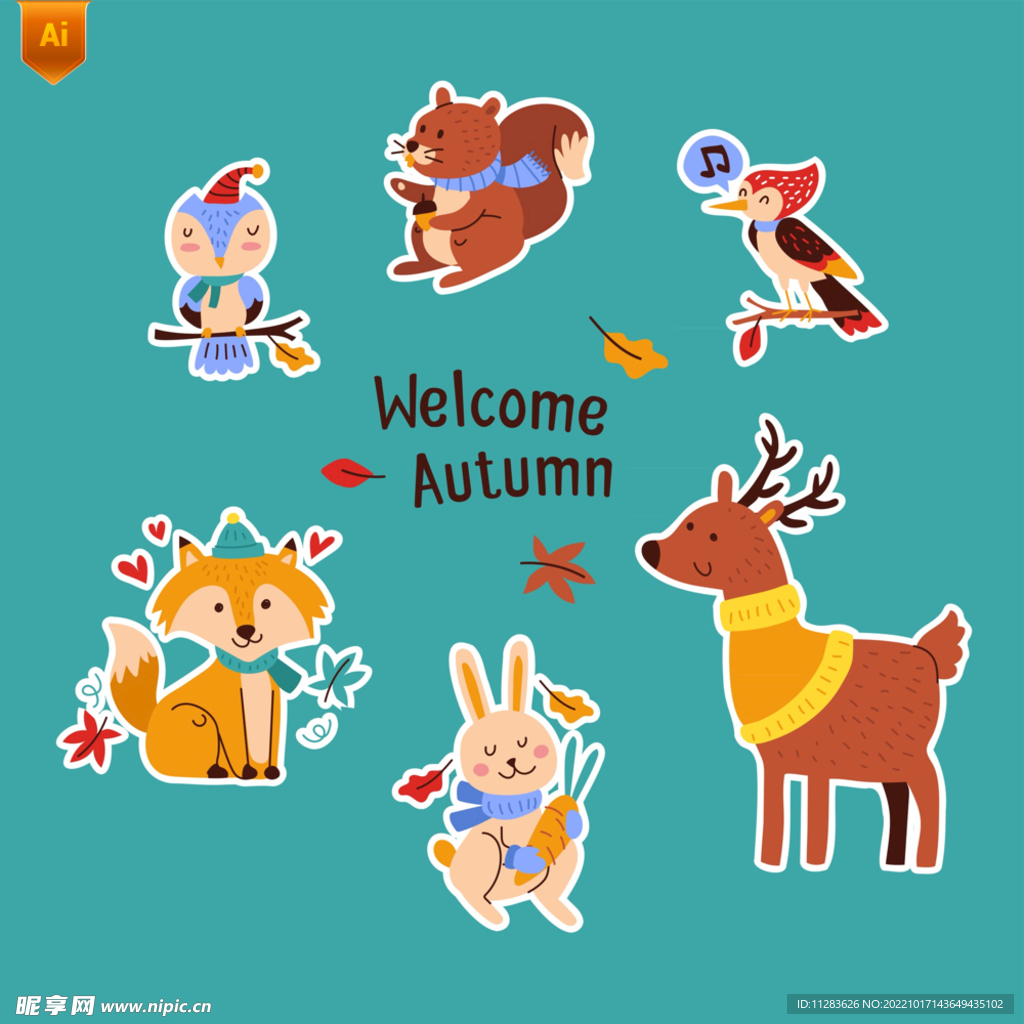 秋季卡通动物插画