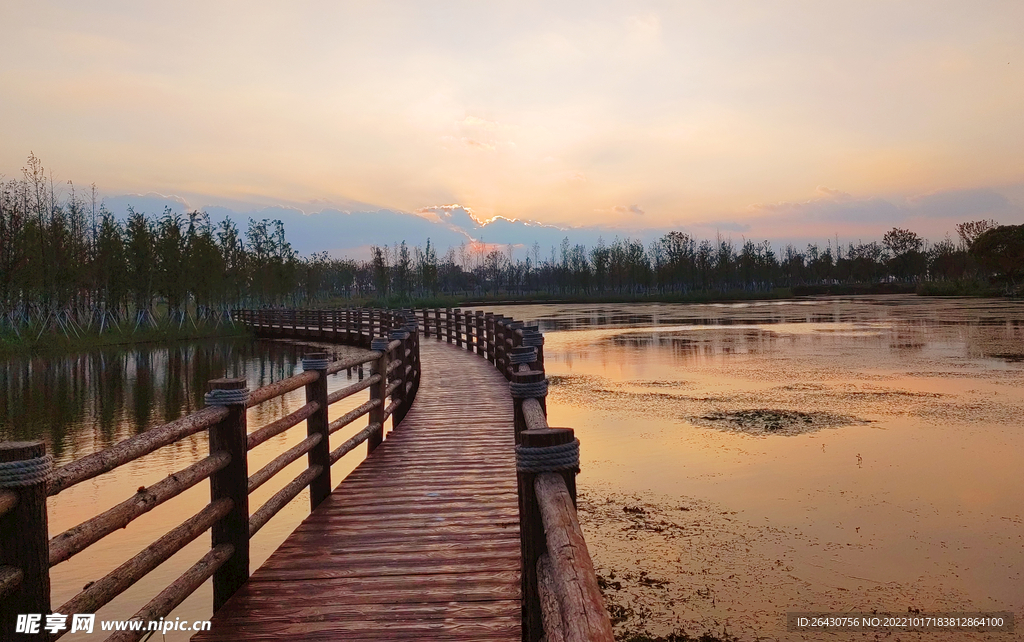 湿地湖边观光木质步道