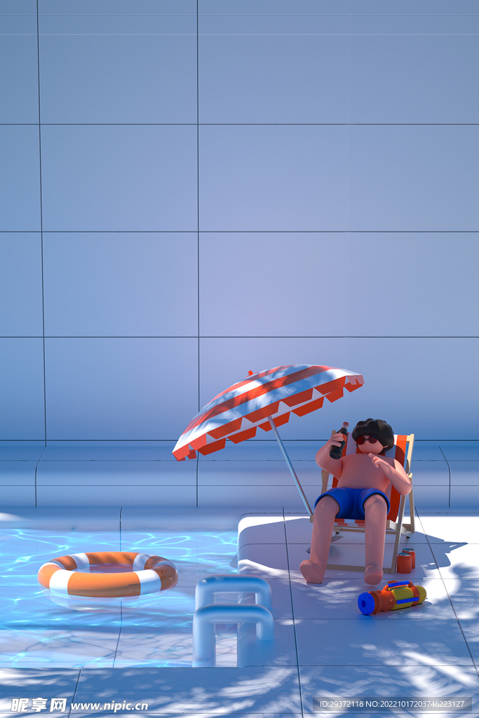夏日泳池C4D立体角色背景