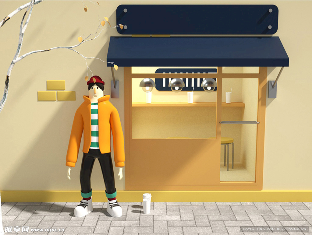 卡通ip男人咖啡店街景C4D