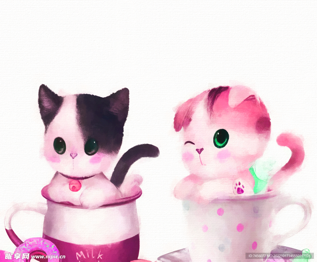 水彩猫杯子高清挂画装饰画