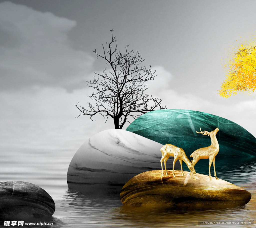 湖畔金色麋鹿艺术挂画装饰画