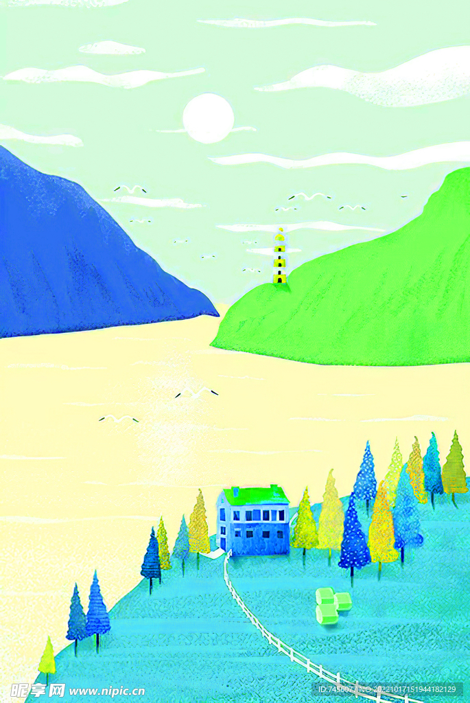 水彩山脉湖泊油画装饰画