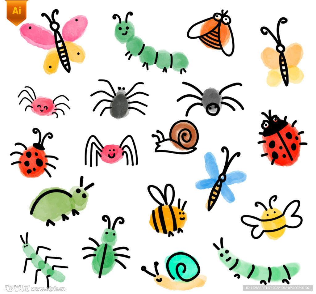 彩绘涂鸦昆虫插画设计图