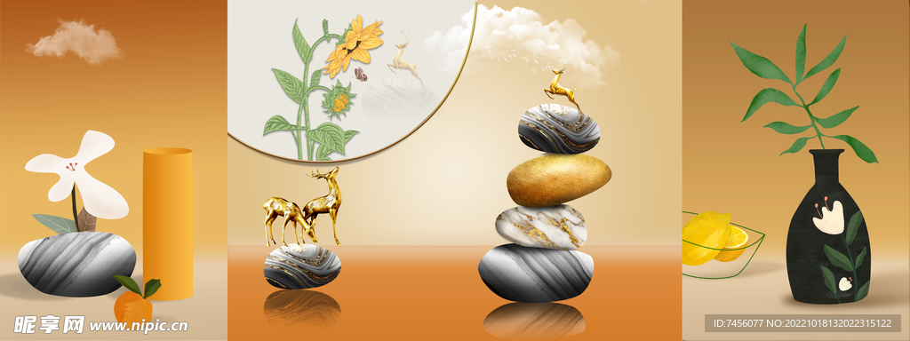 麋鹿鹅卵石花瓶艺术挂画装饰画