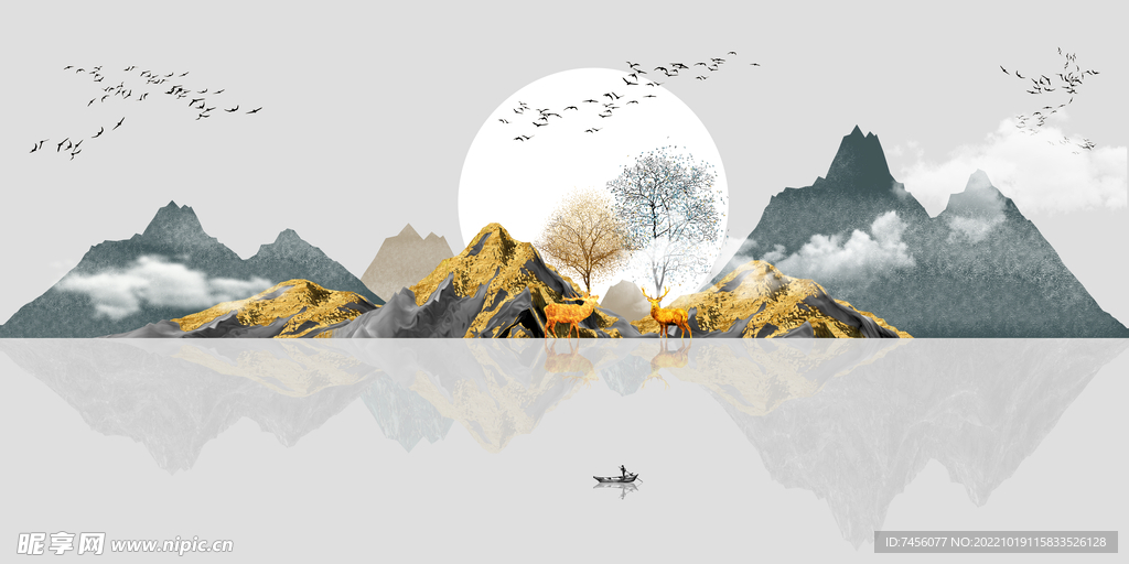 中式明月湖畔山脉艺术挂画装饰画