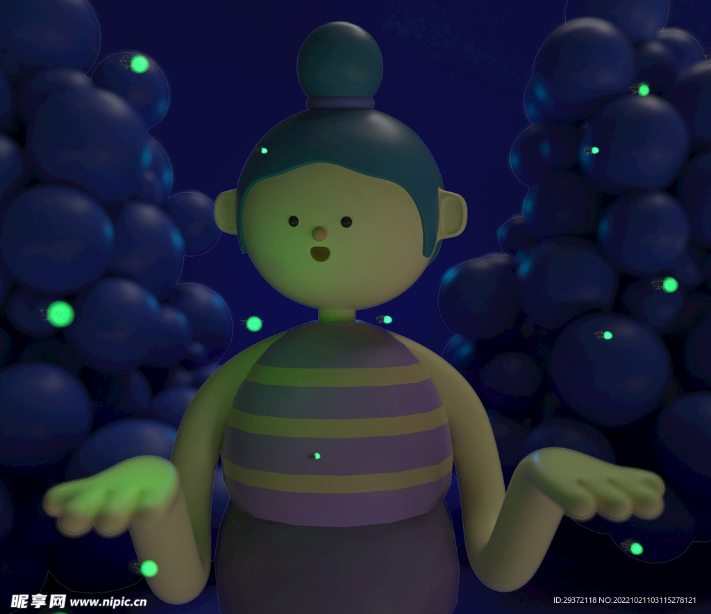 卡通风格女孩萤火虫主题C4D