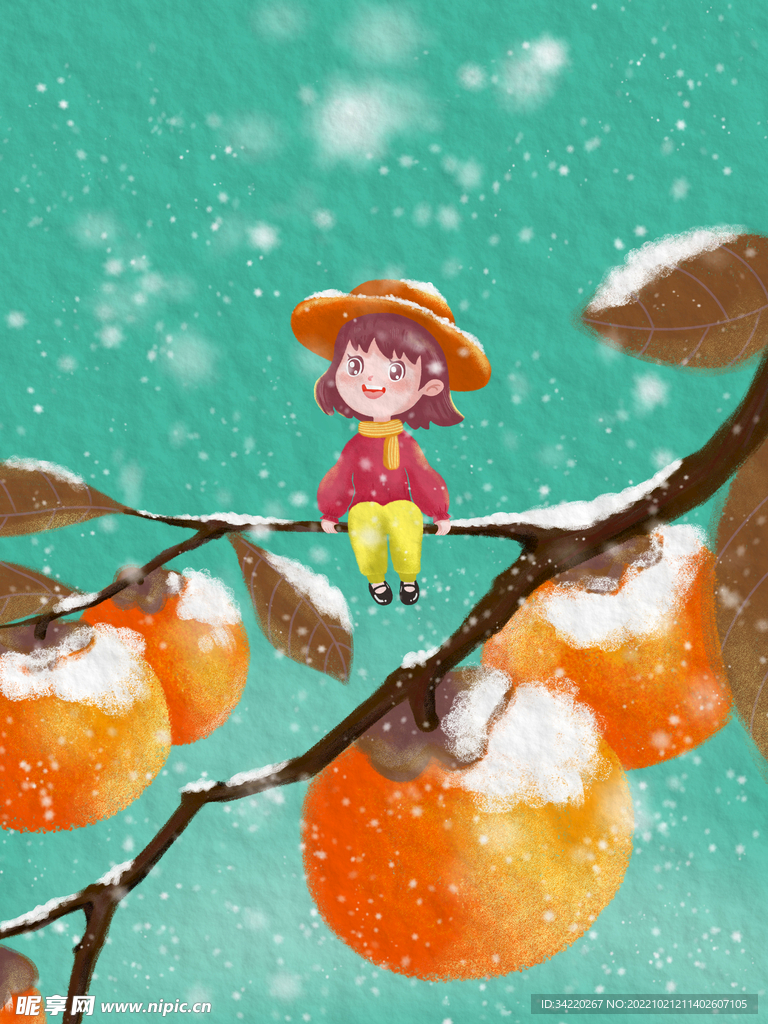 冬日柿子树女孩插画