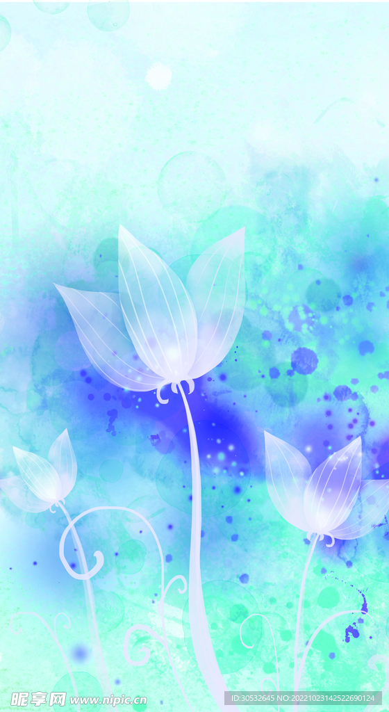蓝色水墨花朵插画