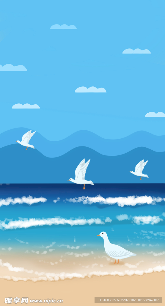 唯美大海与海鸥蓝天白云手绘插画