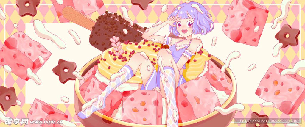 夏日草莓冰淇淋女孩插画