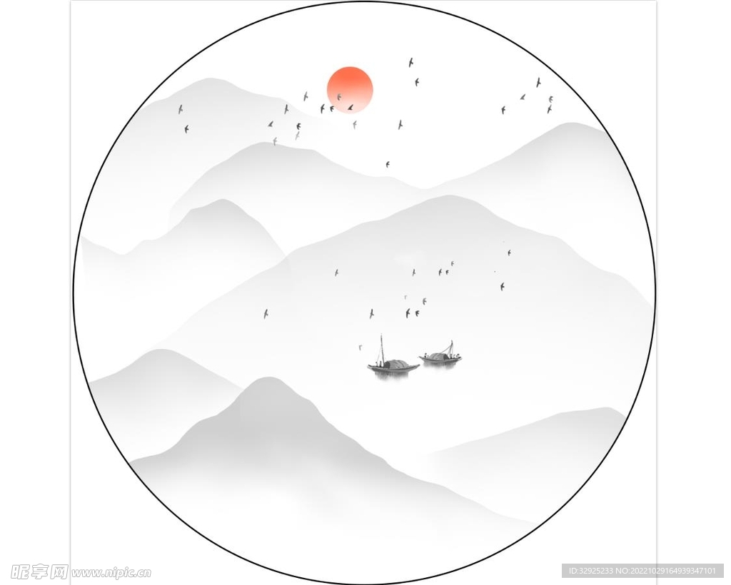 圆形水墨山水
