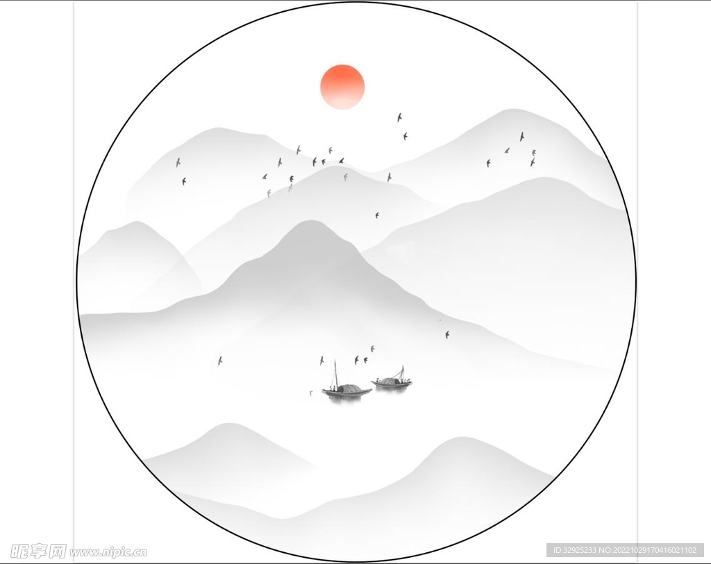 圆形水墨山水