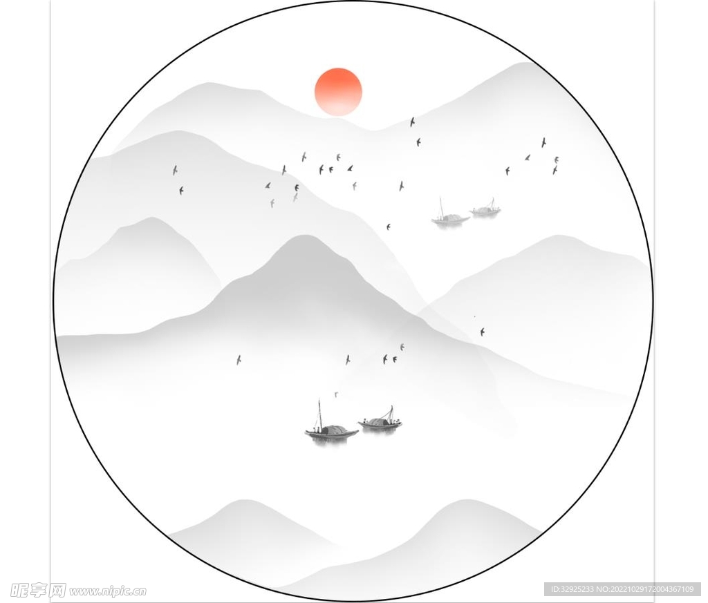 圆形水墨山水