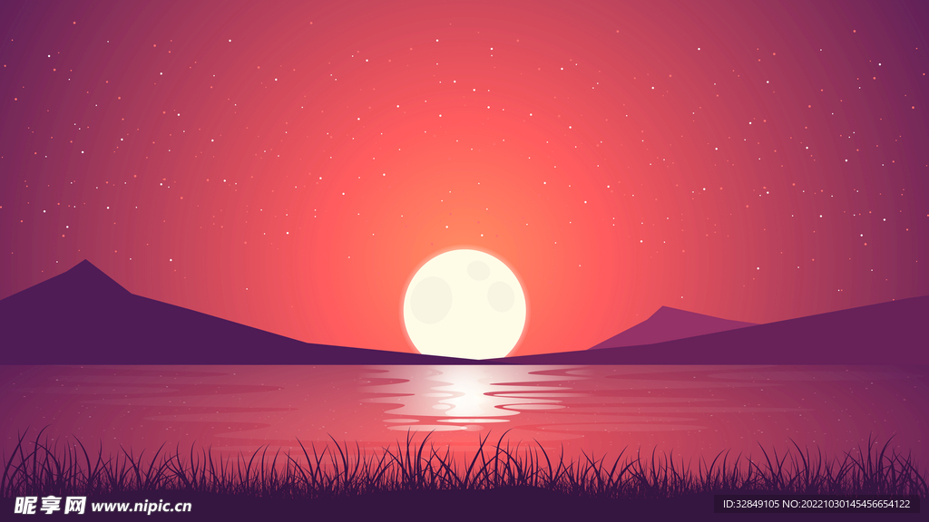手绘矢量落日