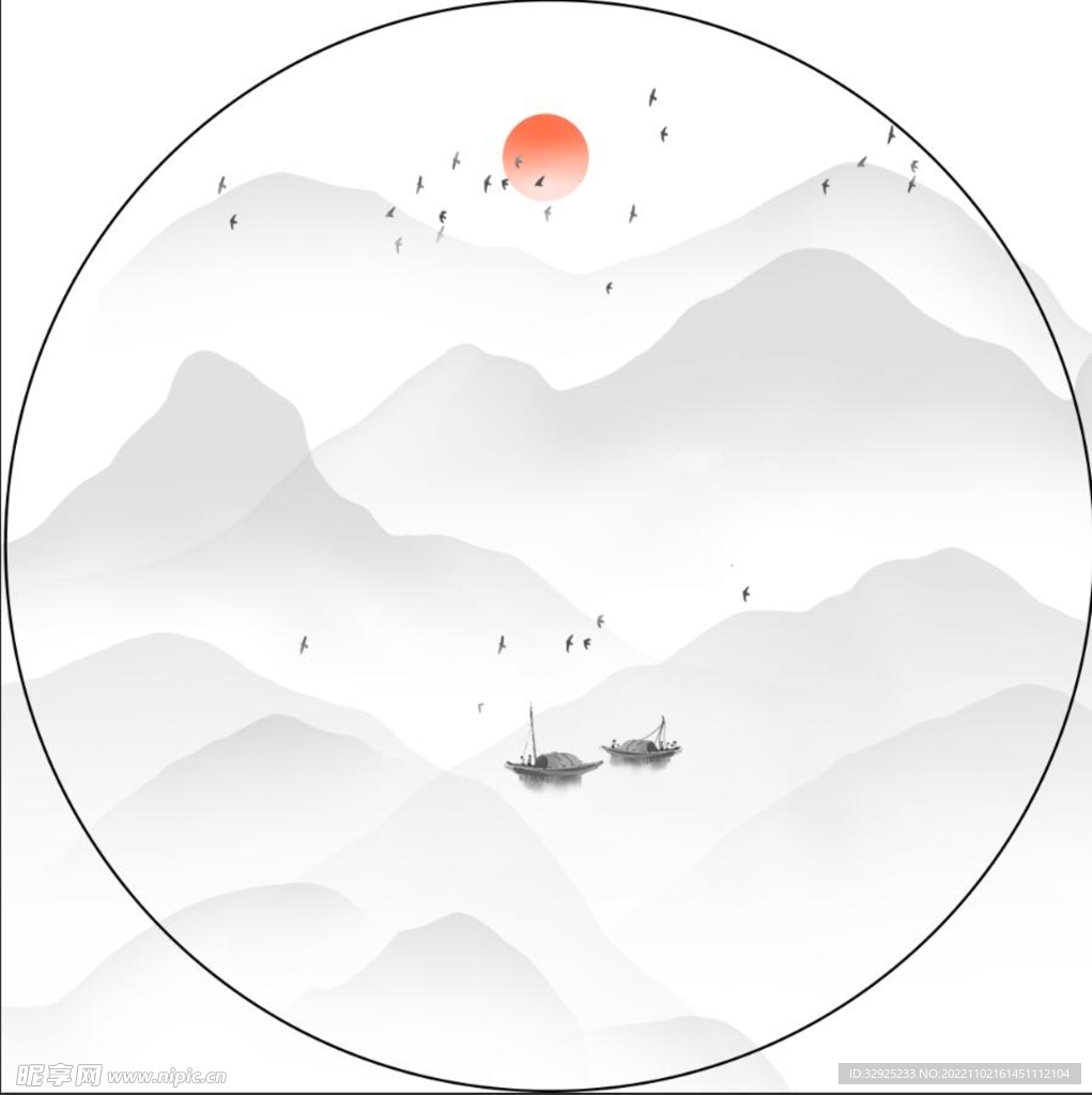 圆形水墨山水