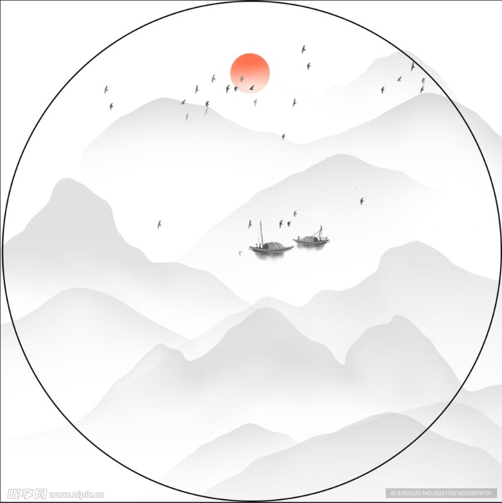 圆形水墨山水
