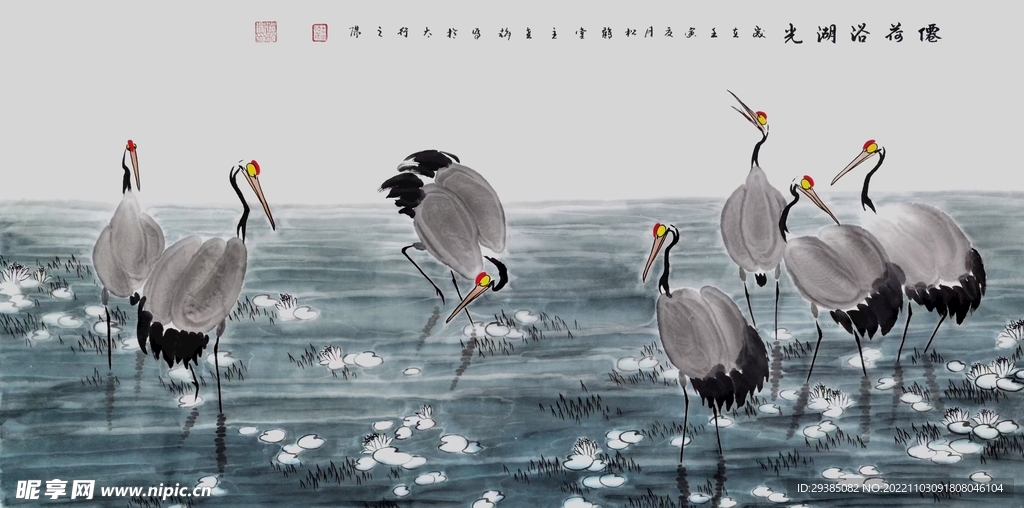 仙鹤浴湖光