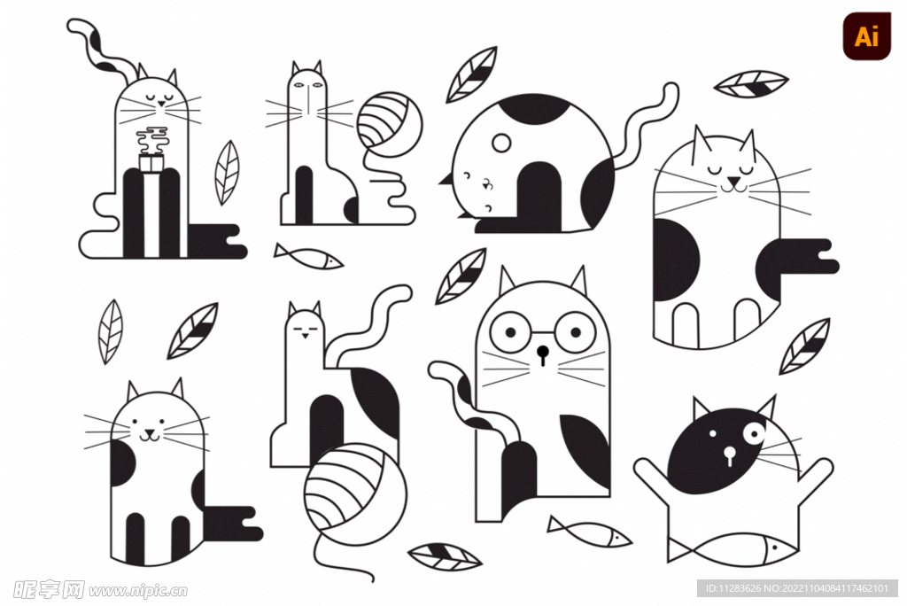 几何抽象卡通猫咪