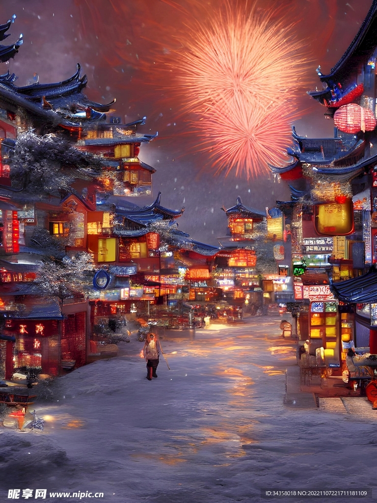 中国古镇夜景街道