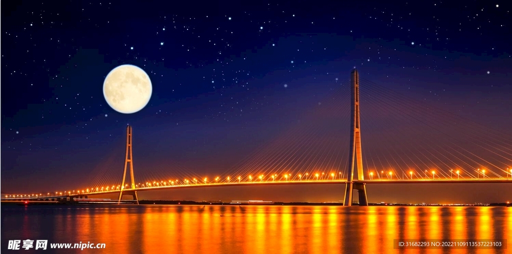 夜晚大桥海上生明月