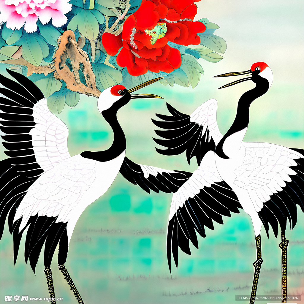 国画仙鹤牡丹