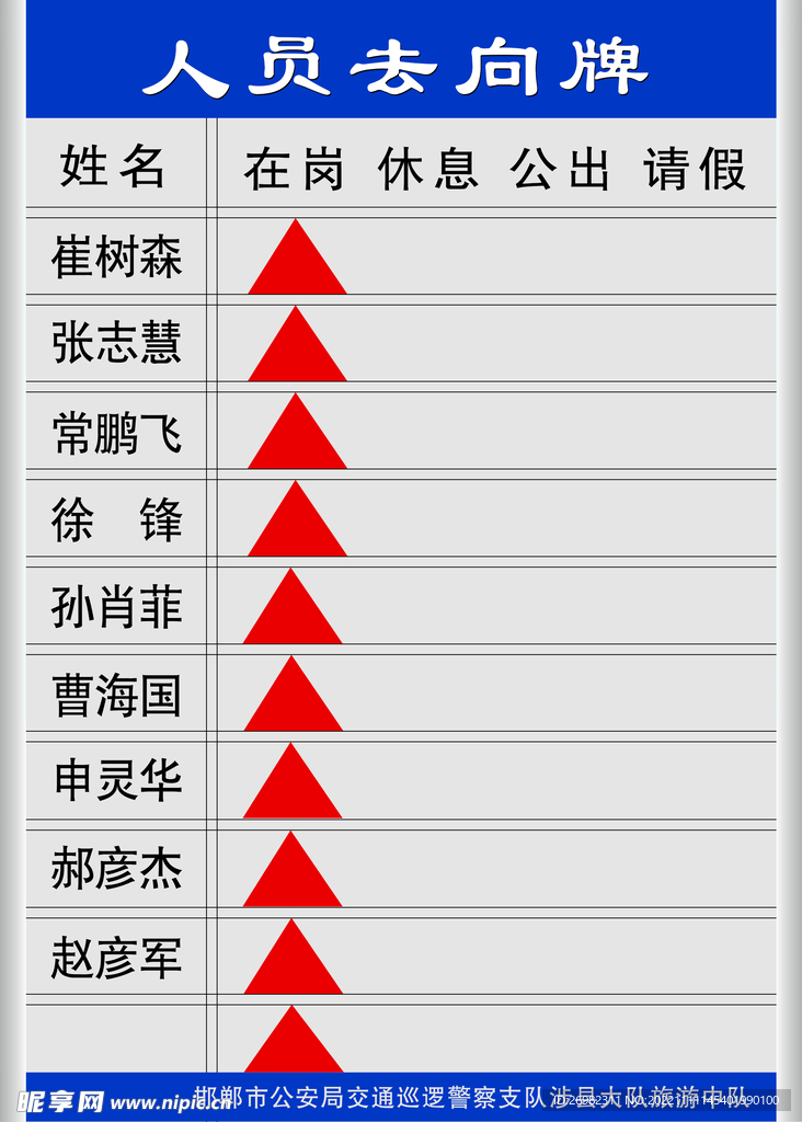 人员去向牌