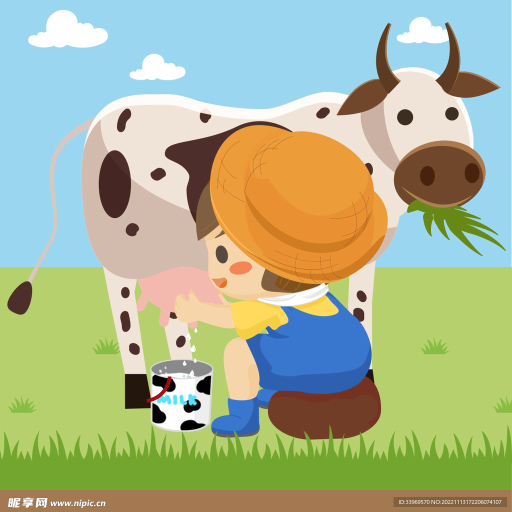农场男孩挤牛奶