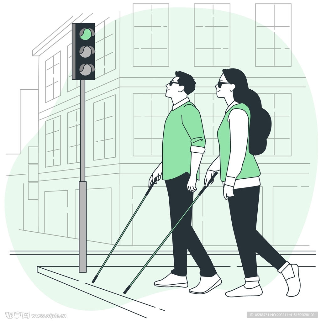 绿色卡通盲人过马路红绿灯素材下