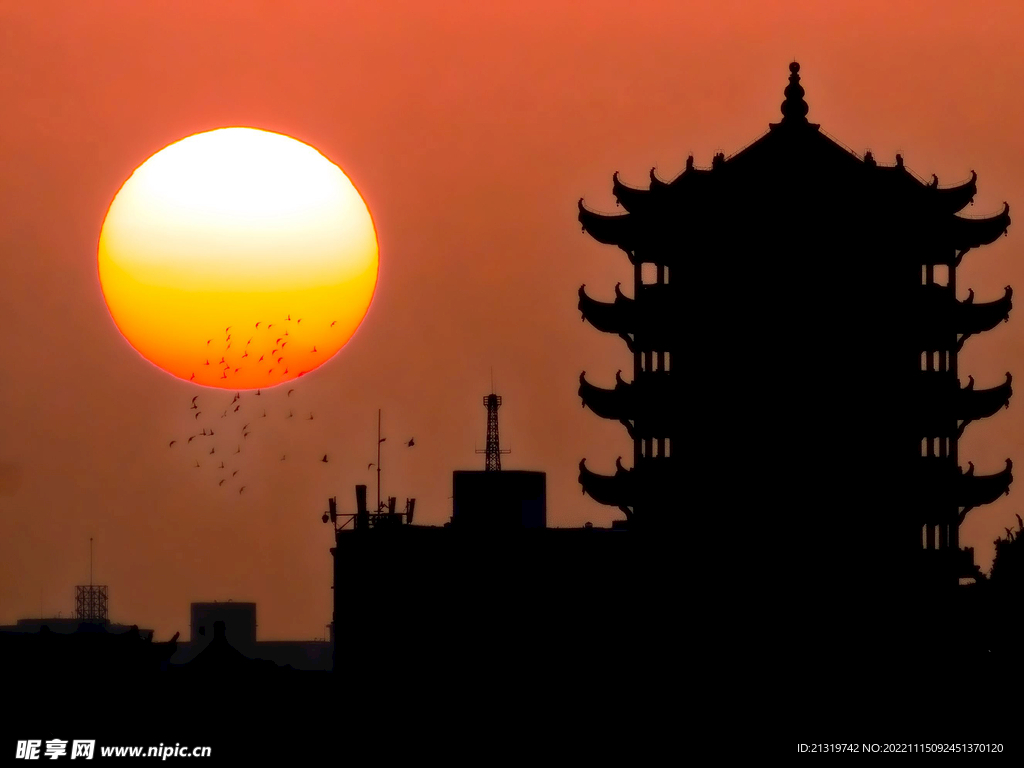 黄鹤楼夕阳摄影图