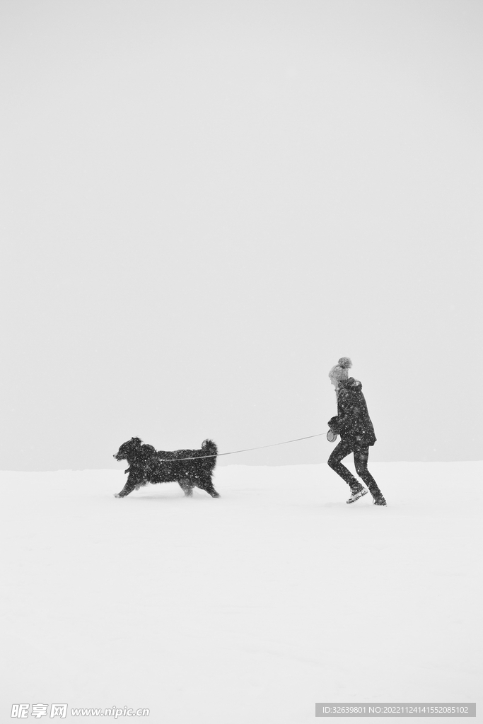 人与狗雪中玩耍