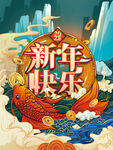 新年快乐手绘插画海报