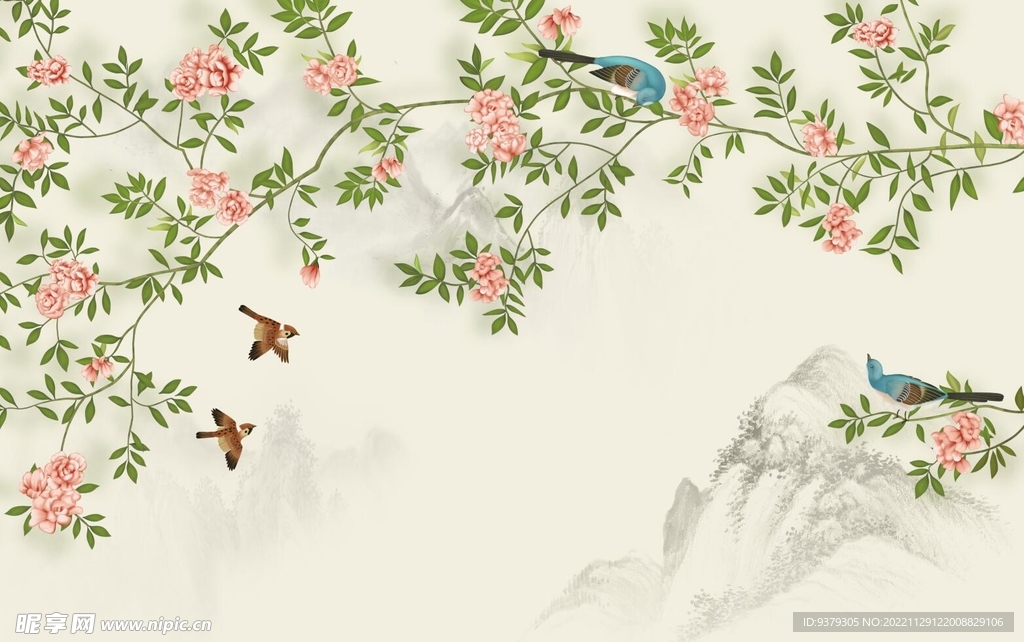 水墨山水简约花鸟背景客厅装饰画