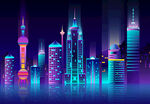 霓虹炫彩夜景城市建筑上海地标