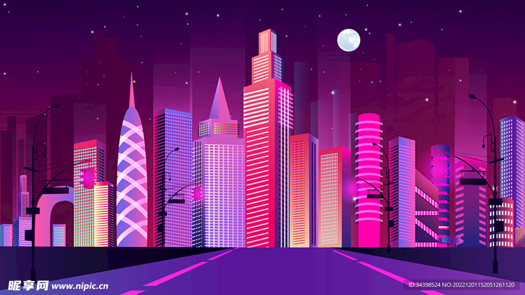 霓虹夜景剪影城市建筑 