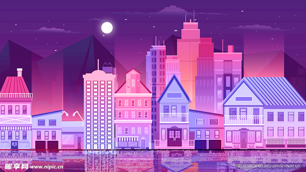 霓虹夜景城市剪影城市建筑