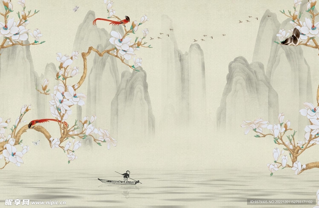 水墨山水简约花鸟背景客厅装饰画