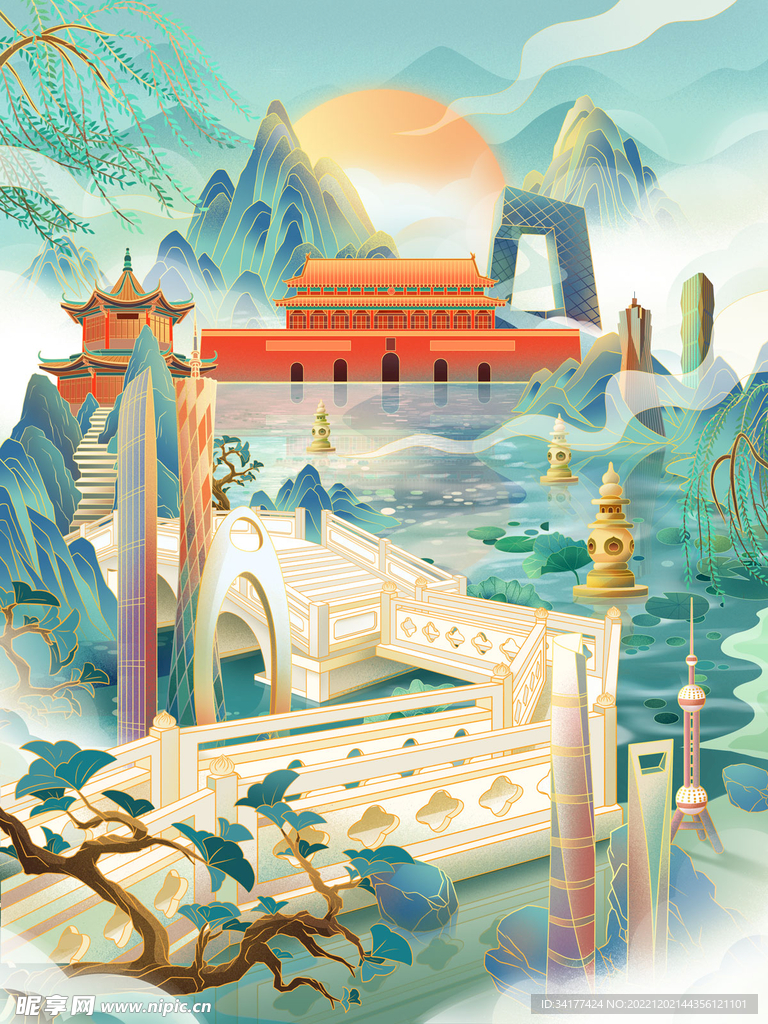 原创国风线性风景建筑创意插画