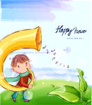 卡通插画小孩吹喇叭