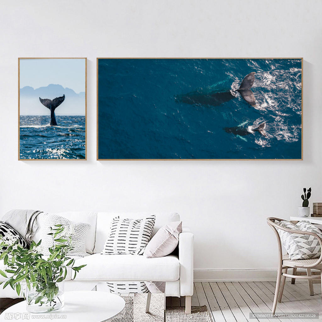 海景海豚海边两联挂画装饰画