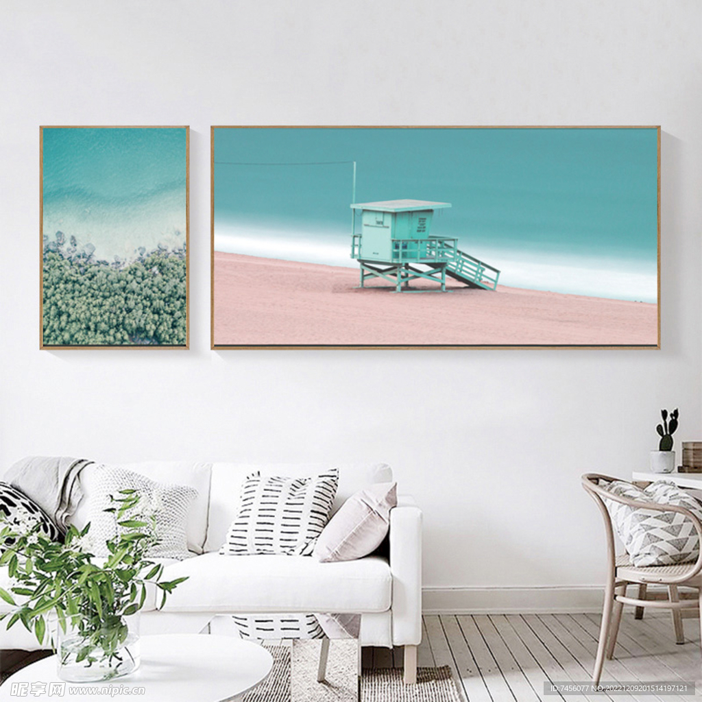 沙滩海景木屋两联挂画装饰画