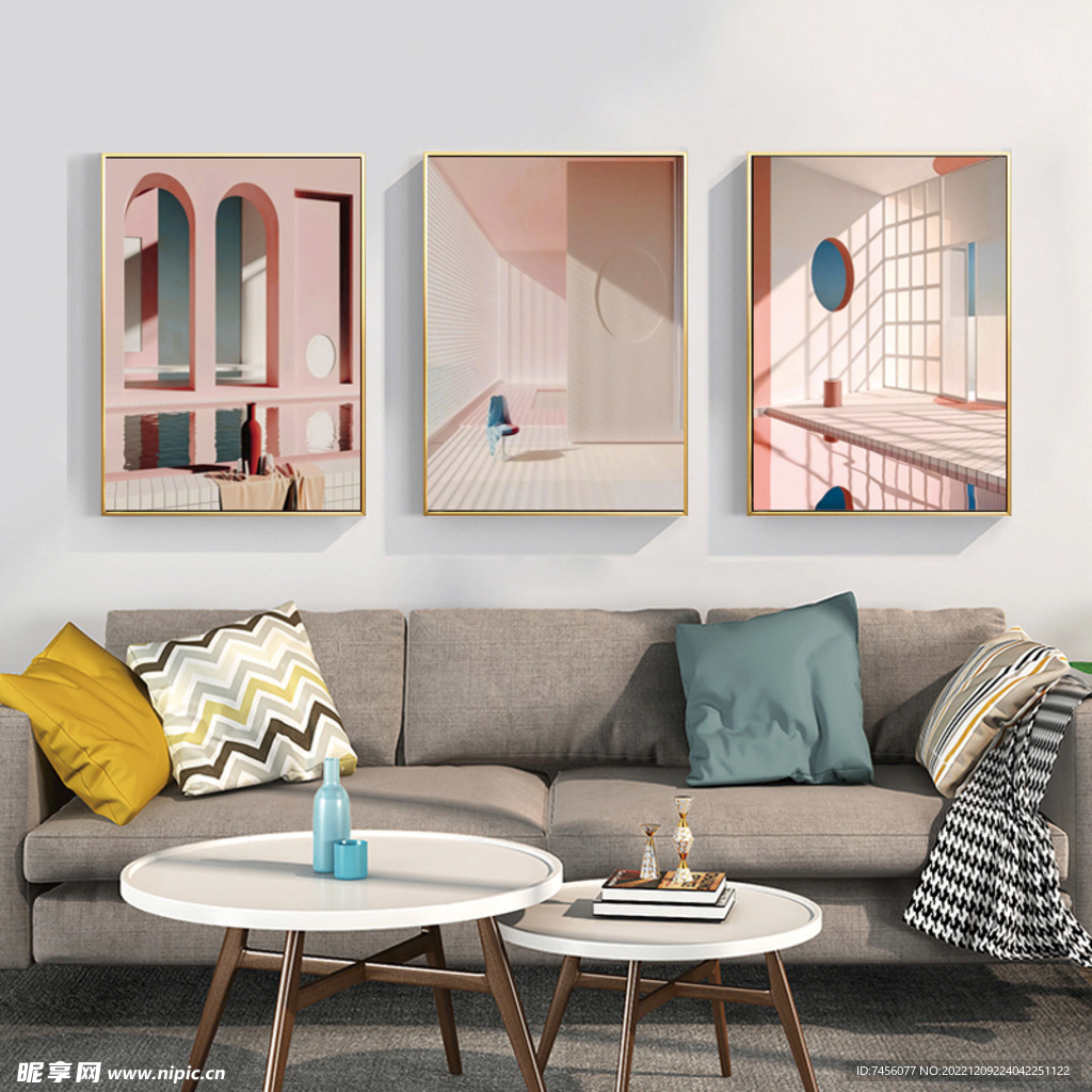 时尚建筑空间三联挂画装饰画