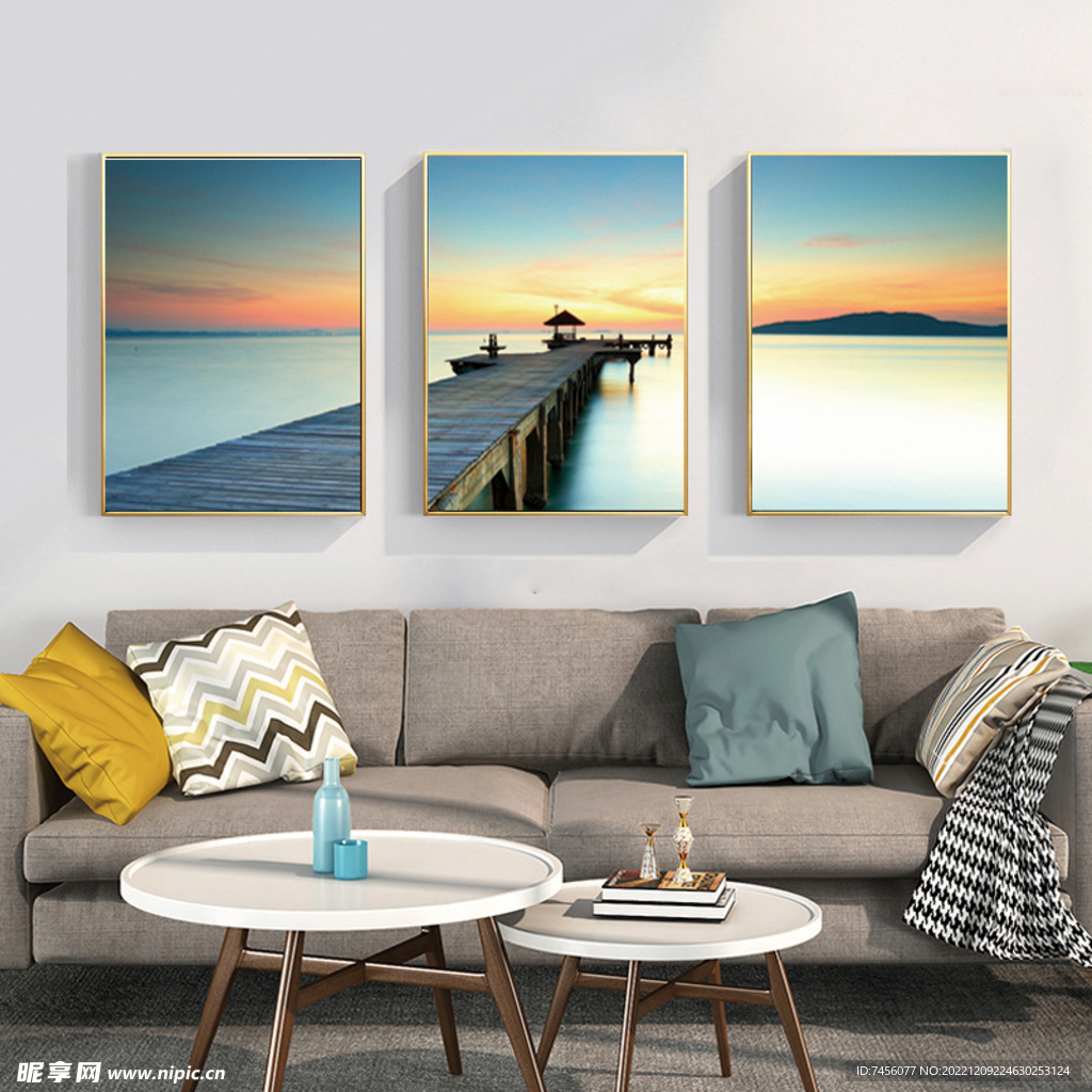 唯美黄昏木桥海景三联挂画装饰画