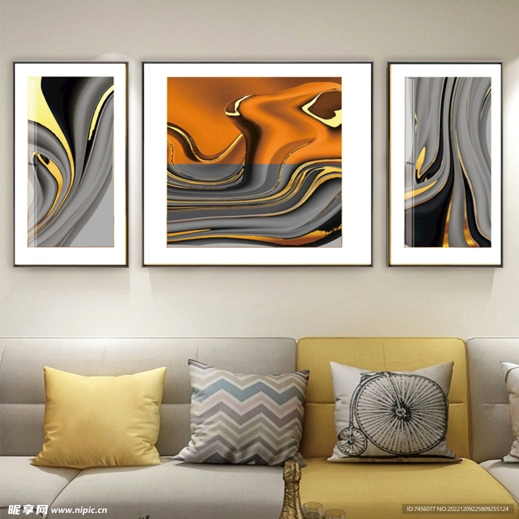 水彩抽象油画三联挂画装饰画