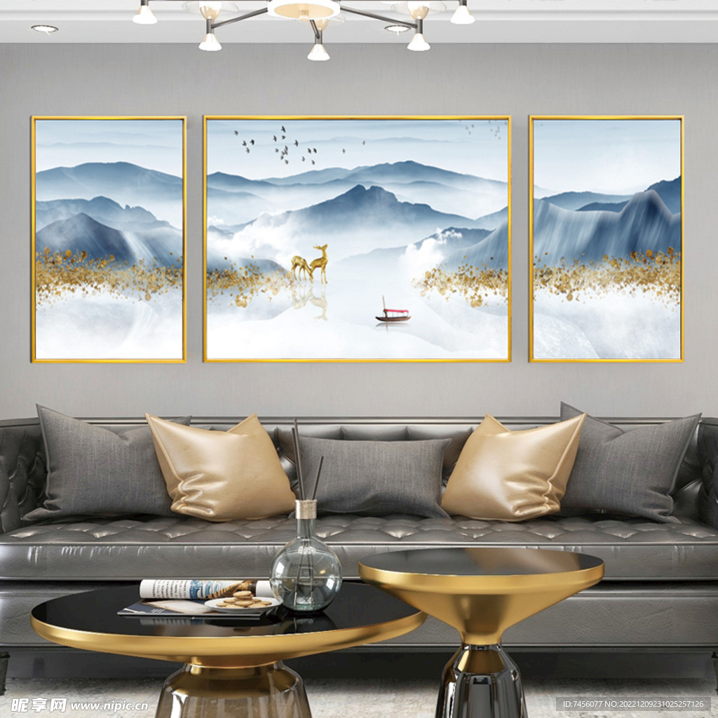 水墨山脉湖泊三联挂画装饰画