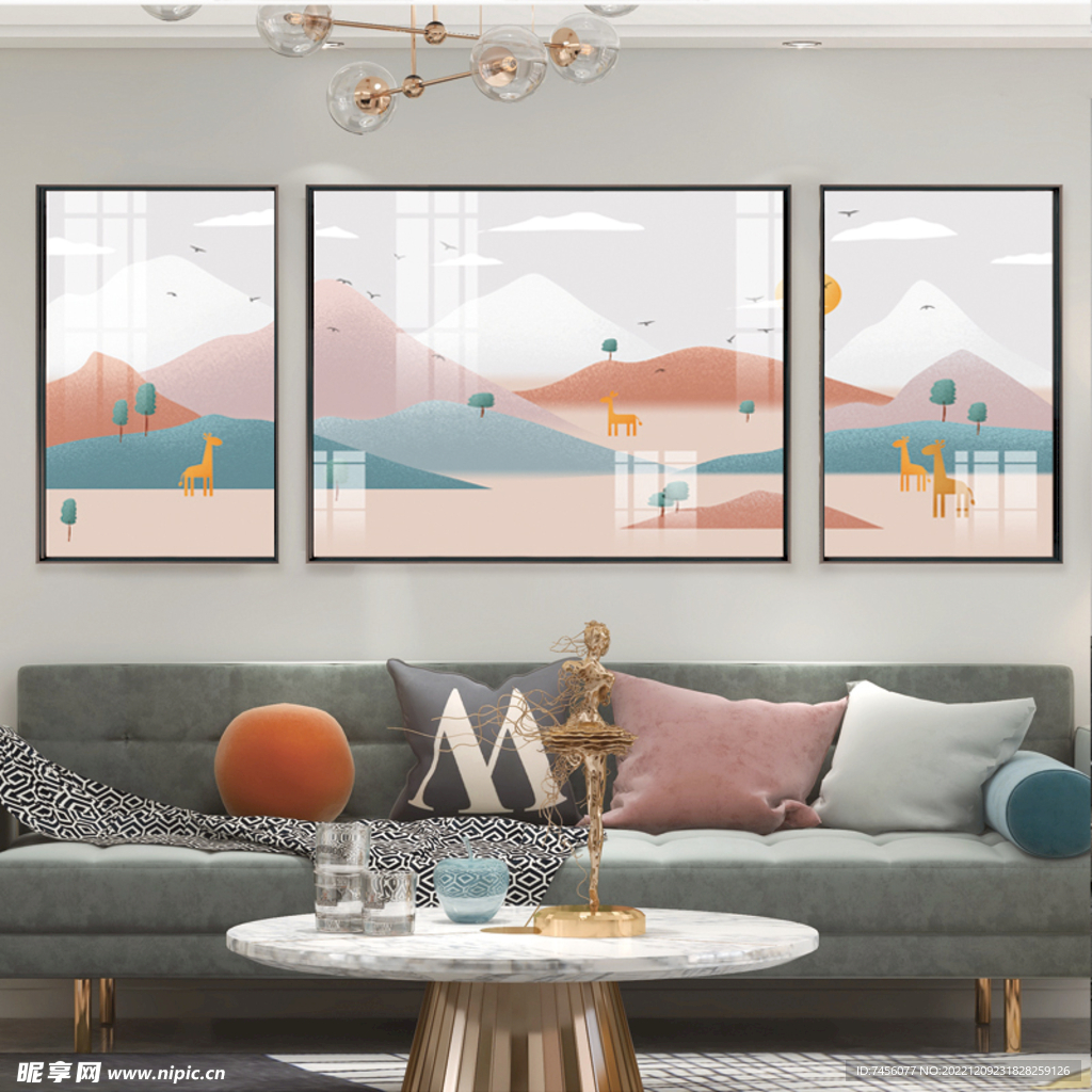 卡通山脉风景画三联挂画装饰画