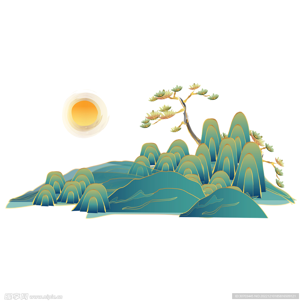 绿色的山和太阳